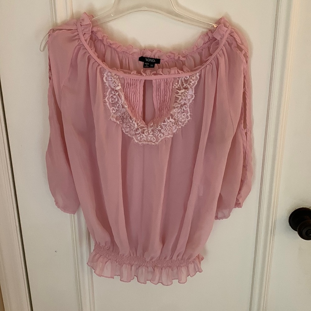 Xoxo prairie style boho sheer pink blouse with lace trim size M